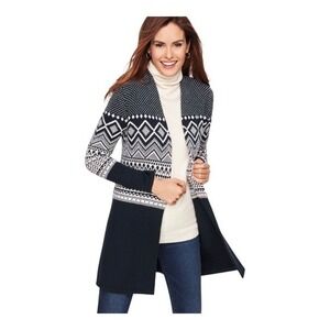 Talbots Petite‎ Navy White Geometric Fair Isle Open Front Cardigan Sweater MP